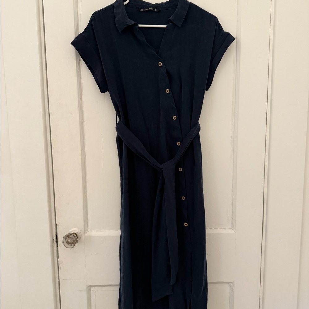 Zara Navy Midi Dress with Button Detail